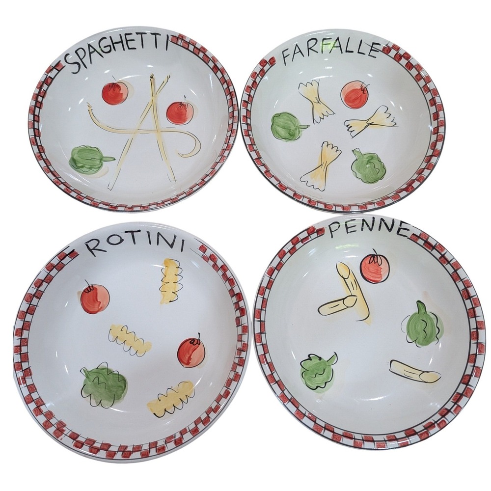 Unbranded Pasta Bowls Set of 4 8 Inch White Red Italian Hand Painted Ceramic